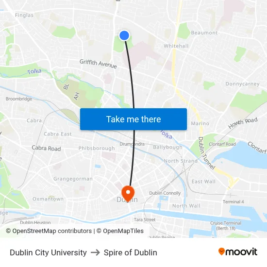 Dublin City University to Spire of Dublin map