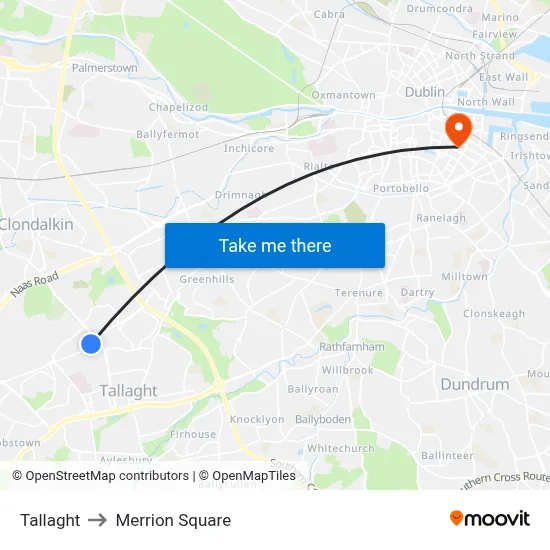 Tallaght to Merrion Square map