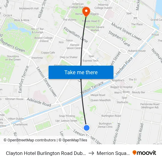 Clayton Hotel Burlington Road Dublin to Merrion Square map