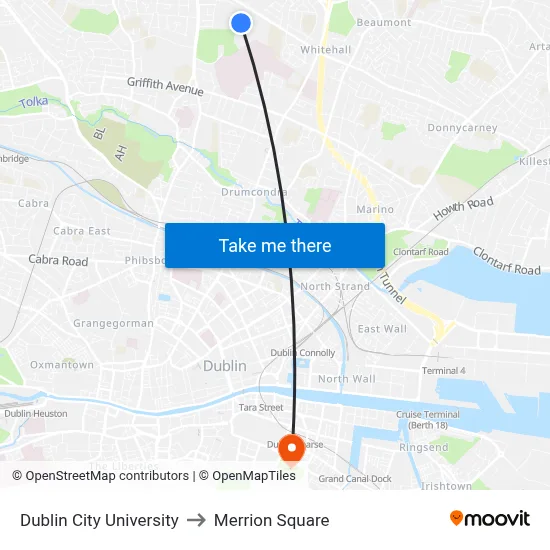 Dublin City University to Merrion Square map