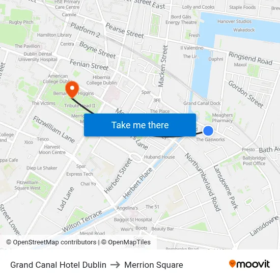 Grand Canal Hotel Dublin to Merrion Square map