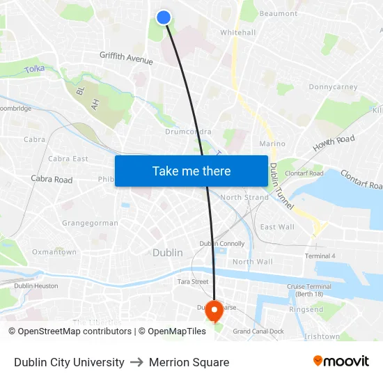 Dublin City University to Merrion Square map