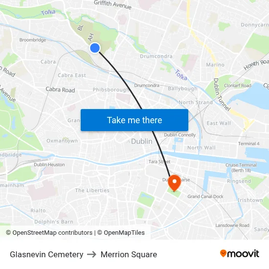 Glasnevin Cemetery to Merrion Square map