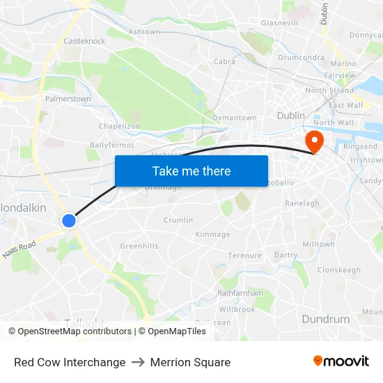Red Cow Interchange to Merrion Square map