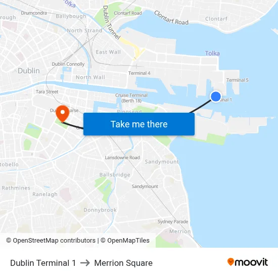Dublin Terminal 1 to Merrion Square map