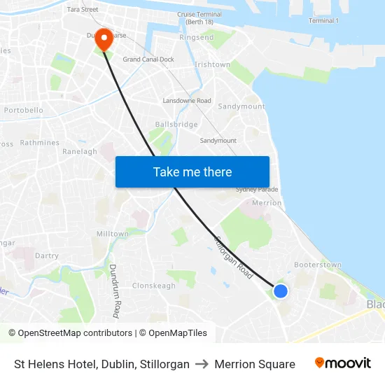 St Helens Hotel, Dublin, Stillorgan to Merrion Square map