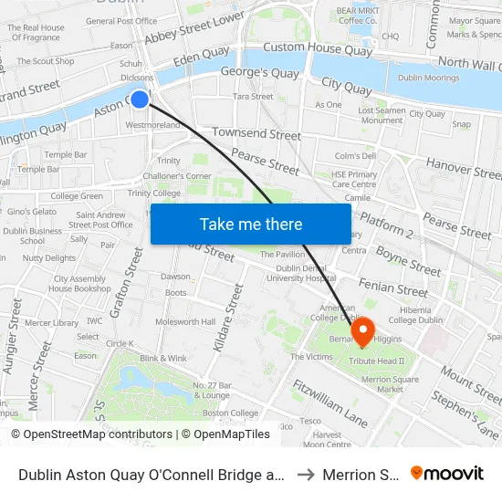 Dublin Aston Quay O'Connell Bridge and Temple Bar to Merrion Square map