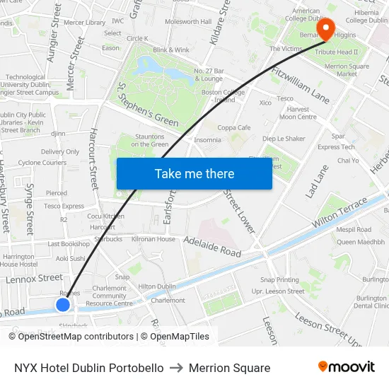 NYX Hotel Dublin Portobello to Merrion Square map