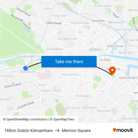 Hilton Dublin Kilmainham to Merrion Square map
