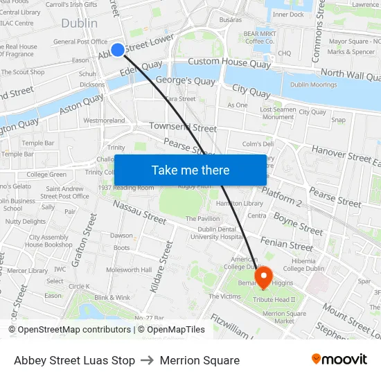 Abbey Street Luas Stop to Merrion Square map