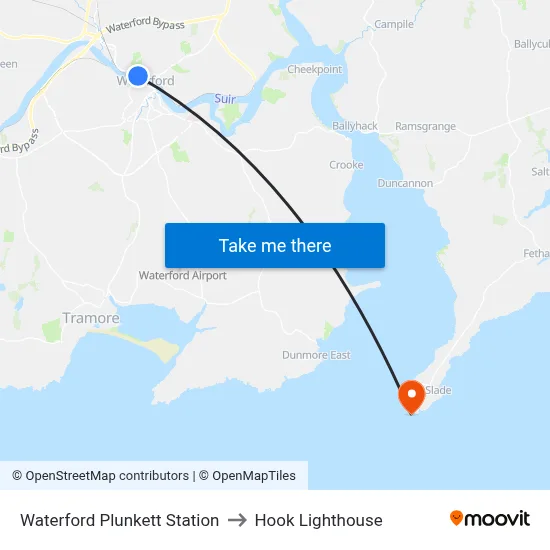 Waterford Plunkett Station to Hook Lighthouse map