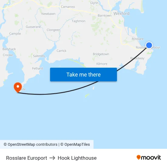 Rosslare Europort to Hook Lighthouse map