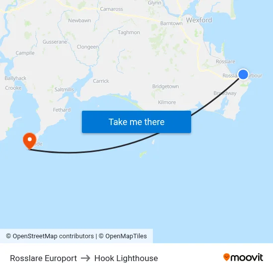 Rosslare Europort to Hook Lighthouse map