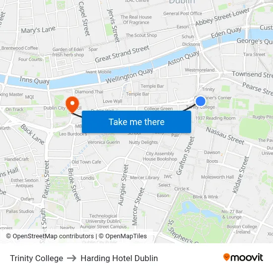 Trinity College to Harding Hotel Dublin map