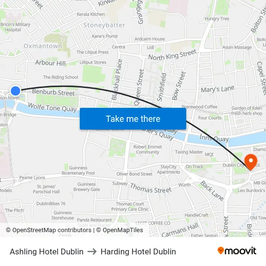 Ashling Hotel Dublin to Harding Hotel Dublin map