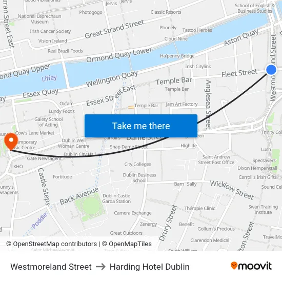 Westmoreland Street to Harding Hotel Dublin map