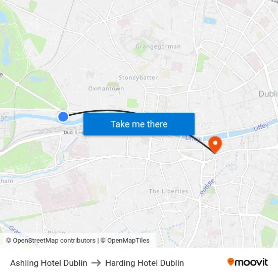 Ashling Hotel Dublin to Harding Hotel Dublin map