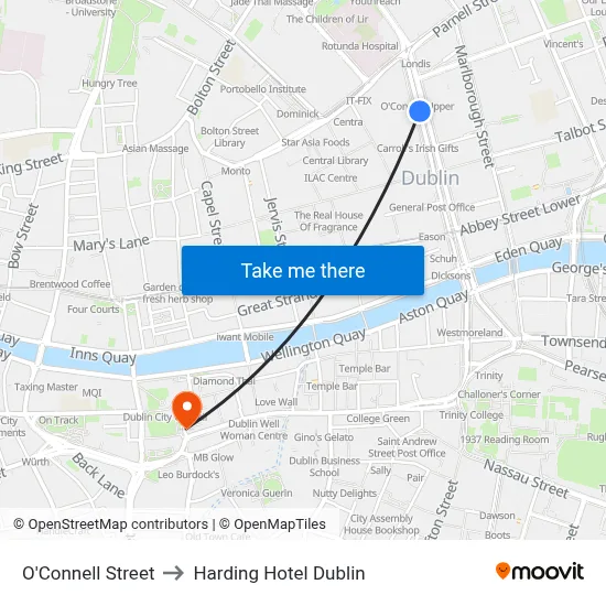 O'Connell Street to Harding Hotel Dublin map
