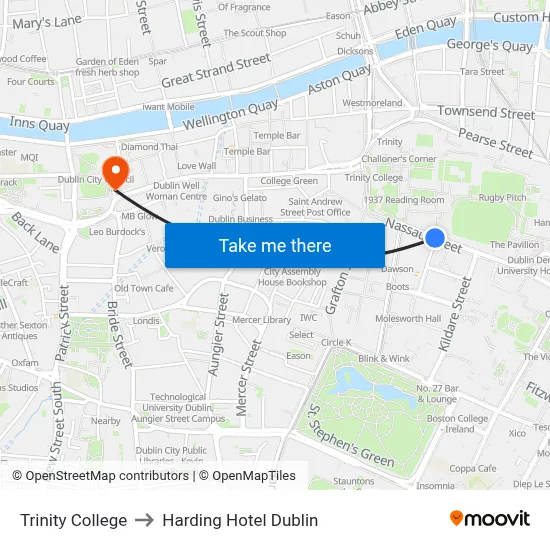 Trinity College to Harding Hotel Dublin map
