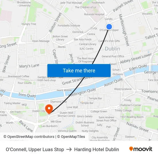 O'Connell, Upper Luas Stop to Harding Hotel Dublin map