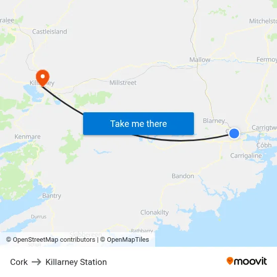 Cork to Killarney Station map