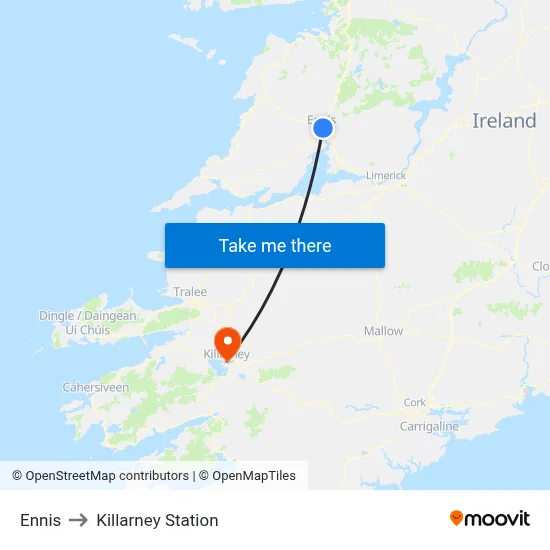 Ennis to Killarney Station map