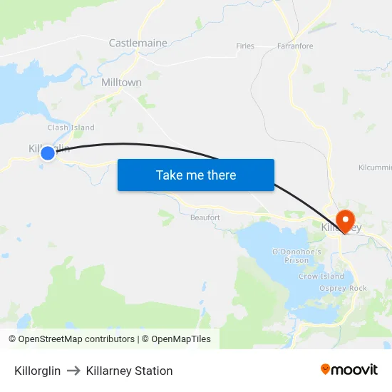 Killorglin to Killarney Station map