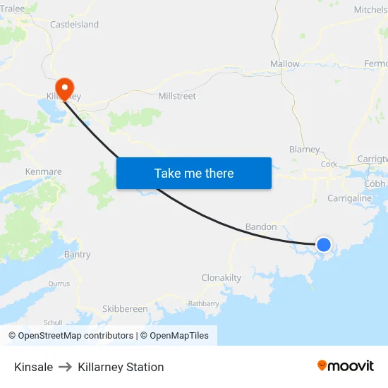 Kinsale to Killarney Station map