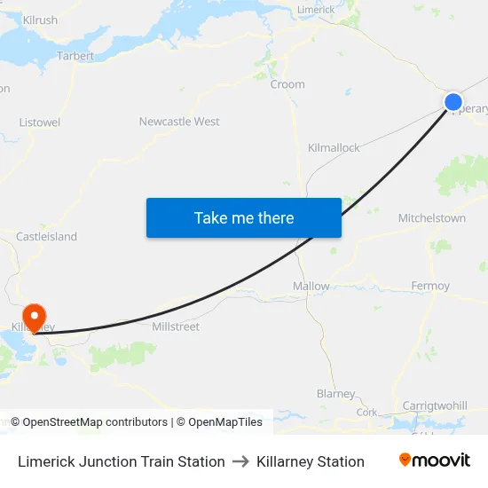 Limerick Junction Train Station to Killarney Station map