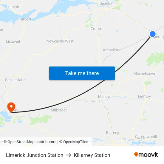 Limerick Junction Station to Killarney Station map