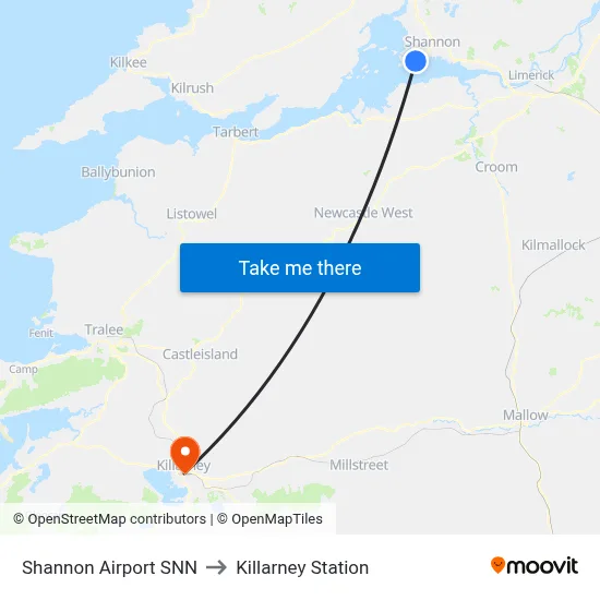 Shannon Airport SNN to Killarney Station map