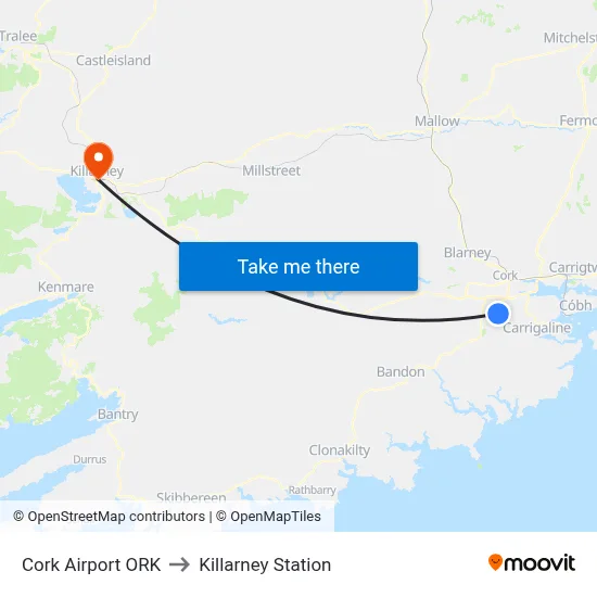 Cork Airport ORK to Killarney Station map