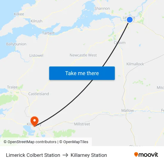 Limerick Colbert Station to Killarney Station map