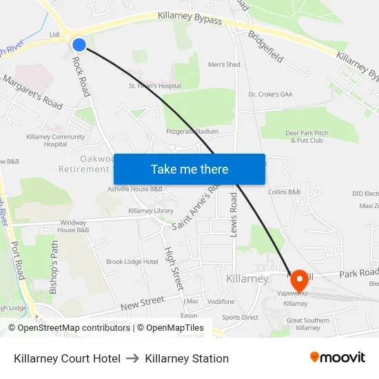 Killarney Court Hotel to Killarney Station map