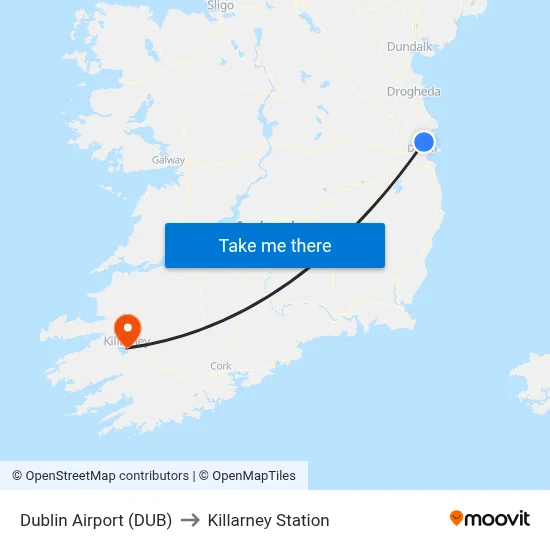Dublin Airport (DUB) to Killarney Station map