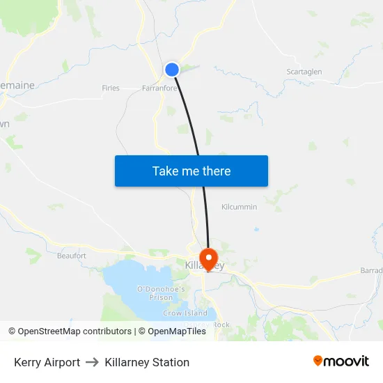Kerry Airport to Killarney Station map