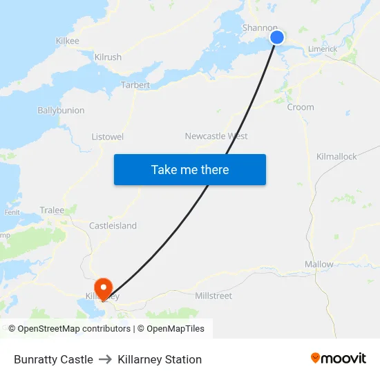 Bunratty Castle to Killarney Station map