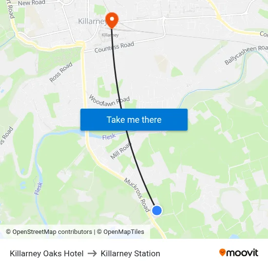 Killarney Oaks Hotel to Killarney Station map