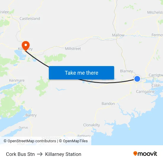 Cork Bus Stn to Killarney Station map