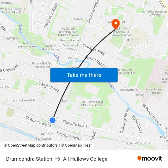 Drumcondra Station to All Hallows College map
