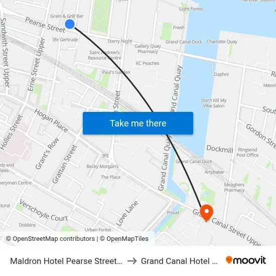 Maldron Hotel Pearse Street Dublin to Grand Canal Hotel Dublin map