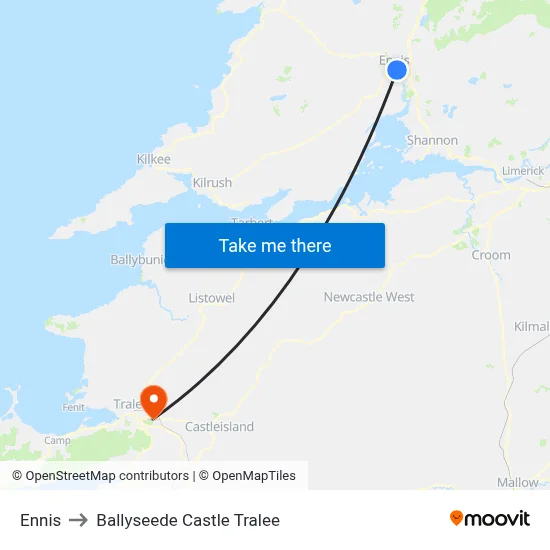 Ennis to Ballyseede Castle Tralee map