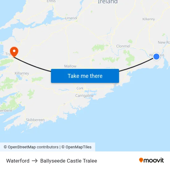 Waterford to Ballyseede Castle Tralee map