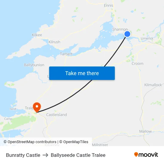 Bunratty Castle to Ballyseede Castle Tralee map