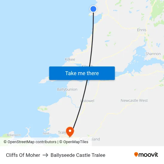 Cliffs Of Moher to Ballyseede Castle Tralee map