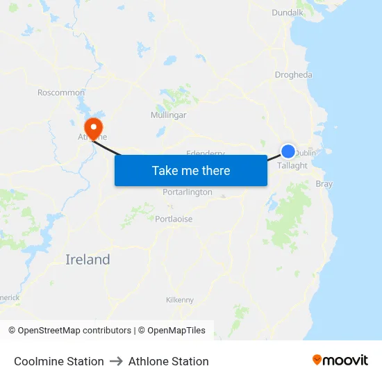 Coolmine Station to Athlone Station map
