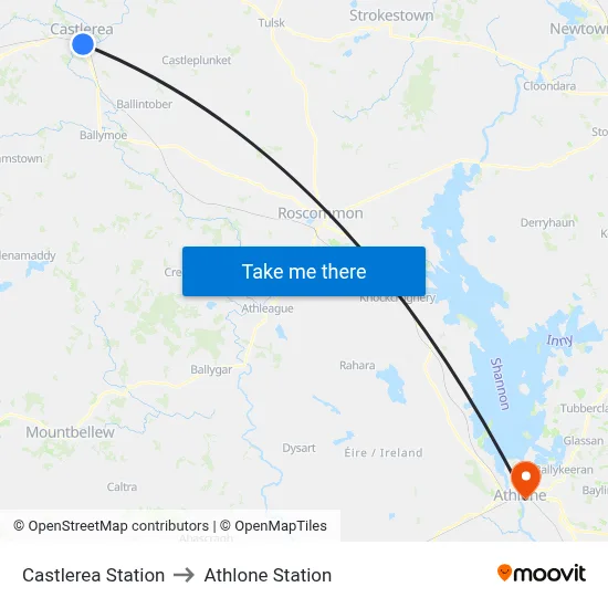 Castlerea Station to Athlone Station map