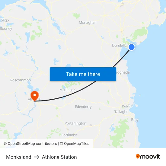 Monksland to Athlone Station map