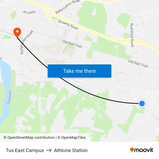 Tus East Campus to Athlone Station map