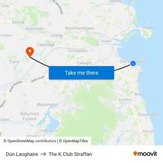 Dún Laoghaire to The K Club Straffan map